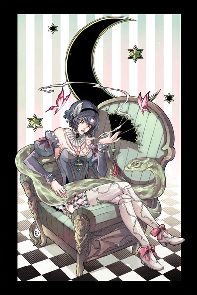 Anime picture 1378x2067 with original rannsama single tall image short hair sitting bare shoulders signed yellow eyes blue hair nail polish tattoo smoke striped framed checkered floor smoking crescent striped background girl