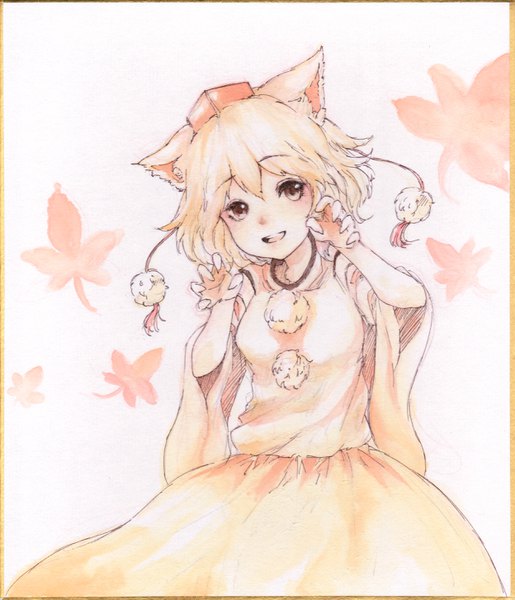 Anime picture 2494x2903 with touhou inubashiri momiji ikoan single tall image looking at viewer blush fringe highres short hair open mouth blonde hair simple background smile brown eyes animal ears head tilt :d wide sleeves wolf ears