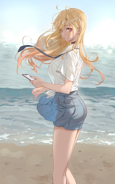 Anime picture 3675x5880 with sono bisque doll wa koi wo suru cloverworks kitagawa marin yd (orange maru) single long hair tall image looking at viewer fringe highres breasts light erotic blonde hair red eyes standing holding absurdres outdoors nail polish parted lips