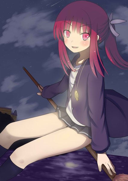 Anime picture 2148x3035 with original kawano masatoshi single long hair tall image looking at viewer blush highres red eyes sitting payot ponytail red hair night fang (fangs) flying broom riding girl skirt socks