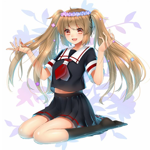 Anime picture 1000x1006 with kantai collection murasame destroyer tsukiriran single long hair tall image looking at viewer blush open mouth red eyes brown hair white background twintails girl skirt uniform socks serafuku black socks