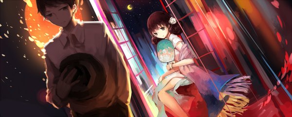 Anime picture 2000x800 with original sevten (ashkeroth) highres short hair brown hair wide image sitting black eyes night hair bun (hair buns) chinese clothes hand in pocket crescent girl boy hat window moon fan chinese dress