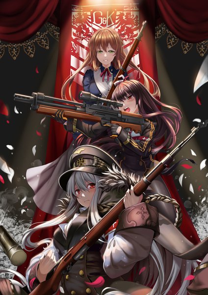 Anime picture 1100x1556 with girls frontline wa2000 (girls frontline) m1903 springfield (girls frontline) kar98k (girls frontline) hasaya long hair tall image looking at viewer blush fringe breasts open mouth hair between eyes red eyes brown hair large breasts standing multiple girls holding green eyes