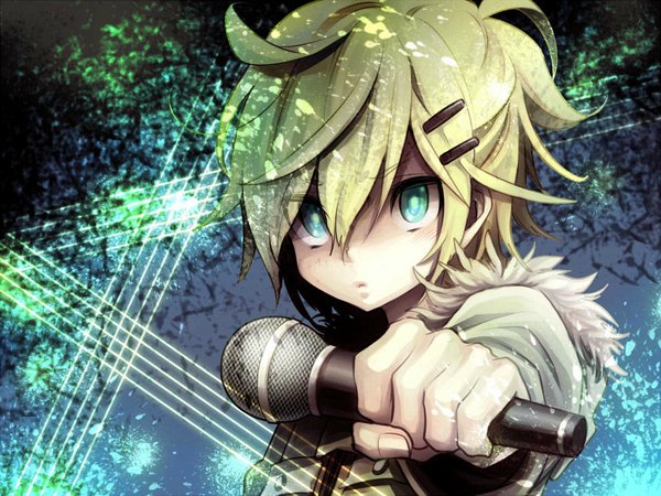 Anime picture 1024x768 with vocaloid kagamine len ebira (piapro) single blonde hair aqua eyes close-up boy hair ornament hairclip microphone