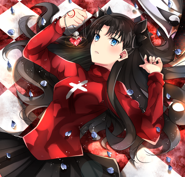 Anime picture 1200x1149 with fate (series) fate/stay night toosaka rin getsuyoubi single long hair blush fringe blue eyes black hair holding looking away lying parted lips pleated skirt sparkle shadow on back tattoo two side up