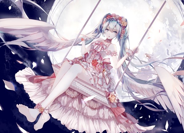 Anime picture 2000x1453 with vocaloid hatsune miku mamenomoto single highres blue eyes sitting twintails blue hair very long hair barefoot hair flower bare legs girl dress hair ornament flower (flowers) petals wings moon