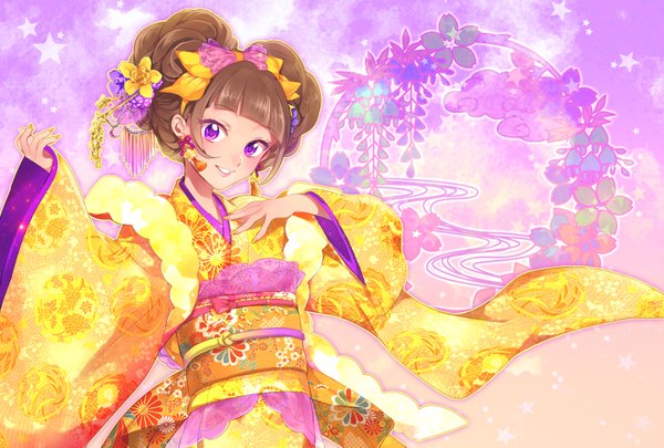 Anime picture 1748x1181 with precure go! princess precure toei animation amanogawa kirara mizuno (iori-amu) long hair looking at viewer blush highres smile brown hair purple eyes payot blunt bangs nail polish traditional clothes japanese clothes outstretched arm hand on chest symbol-shaped pupils