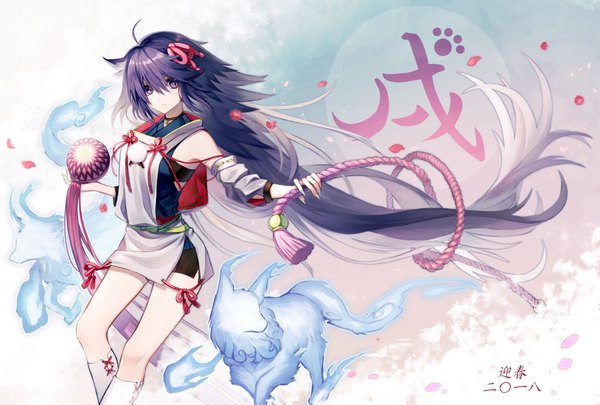 Anime picture 1748x1181 with original haizome senri single looking at viewer fringe highres hair between eyes purple eyes animal ears purple hair ahoge very long hair nail polish outstretched arm hieroglyph slit pupils new year dog ears paw print 2018