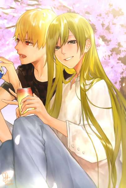 Anime picture 2025x2997 with fate (series) fate/grand order fate/strange fake gilgamesh (fate) enkidu (fate) hutagi rouka tall image looking at viewer highres open mouth blonde hair smile red eyes sitting green eyes looking away green hair multiple boys cherry blossoms victory