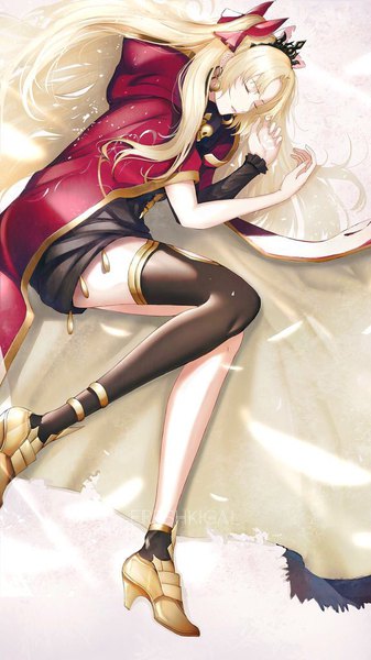 Anime picture 576x1024 with fate (series) fate/grand order ereshkigal (fate) marumoru single long hair tall image fringe blonde hair full body lying eyes closed high heels two side up on side girl thighhighs bow black thighhighs hair bow