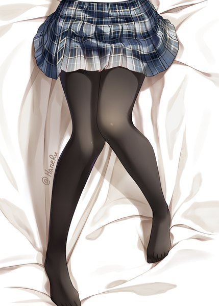 Anime picture 1200x1679 with original haneru single tall image signed bent knee (knees) pleated skirt no shoes legs twitter username plaid skirt close-up head out of frame girl skirt pantyhose black pantyhose
