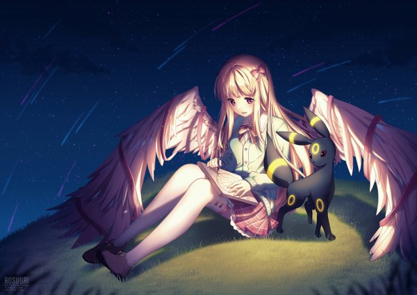 Anime picture 1273x900 with pokemon original nintendo umbreon rosuuri single long hair fringe blonde hair red eyes sitting signed looking away full body bent knee (knees) parted lips pleated skirt night shadow night sky
