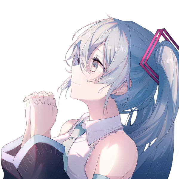 Anime picture 1440x1440 with vocaloid hatsune miku backlup single long hair fringe simple background hair between eyes white background twintails bare shoulders blue hair looking away upper body profile grey eyes tears hands clasped interlocked fingers girl