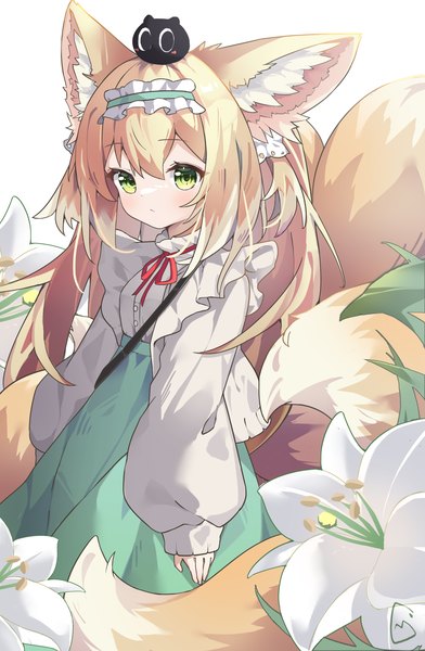 Anime picture 2290x3508 with the legend of luo xiaohei arknights suzuran (arknights) suzuran (spring praise) (arknights) heixiu vanishedstar single long hair tall image looking at viewer blush fringe highres simple background blonde hair hair between eyes standing white background green eyes animal ears