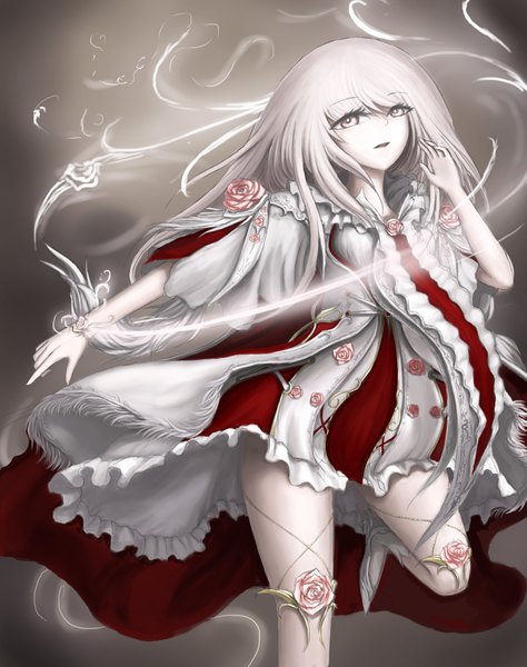 Anime picture 2764x3500 with original rinmmo single long hair tall image fringe highres open mouth simple background hair between eyes red eyes standing looking away silver hair high heels outstretched arm standing on one leg girl dress flower (flowers)