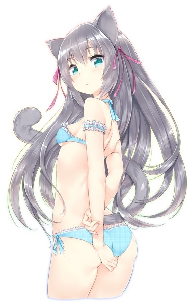 Anime picture 746x1200 with original zizi (zz22) single long hair tall image looking at viewer breasts light erotic simple background white background bare shoulders animal ears tail animal tail cat ears cat girl cat tail turning head hands behind back girl