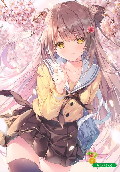 Anime picture 2478x3536 with melonbooks miwabe sakura single long hair tall image looking at viewer blush fringe highres brown hair standing holding signed yellow eyes payot outdoors blunt bangs long sleeves light smile scan