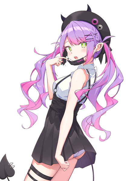 Anime picture 4961x7016 with virtual youtuber hololive tokoyami towa tokoyami towa (jirai kei) quarterlift single long hair tall image looking at viewer blush highres open mouth light erotic simple background white background twintails green eyes absurdres purple hair tail