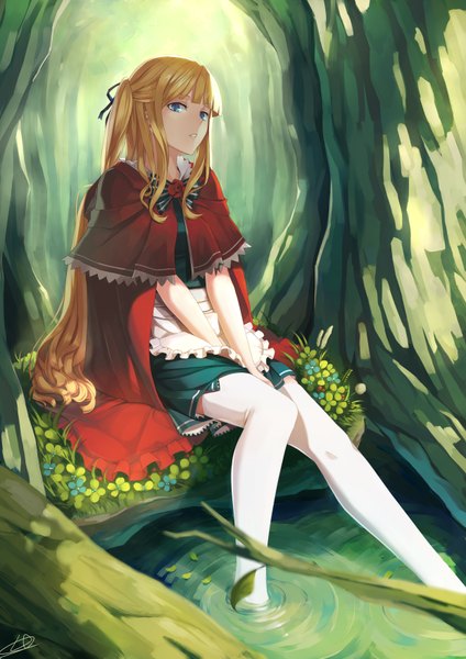 Anime picture 2480x3507 with little red riding hood original little red riding hood (character) liuli (llc) single long hair tall image highres blue eyes blonde hair girl thighhighs dress flower (flowers) plant (plants) white thighhighs tree (trees)