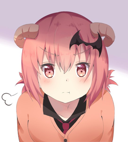 Anime picture 939x1041 with gabriel dropout doga kobo satanichia kurumizawa mcdowell sylux single tall image looking at viewer blush fringe short hair simple background hair between eyes red eyes red hair horn (horns) :t girl necktie hairclip cardigan