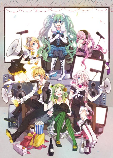 Anime picture 1430x2000 with vocaloid hatsune miku megurine luka kagamine rin kagamine len gumi ia (vocaloid) yamako (state of children) long hair tall image looking at viewer blush short hair open mouth blue eyes blonde hair smile sitting twintails multiple girls