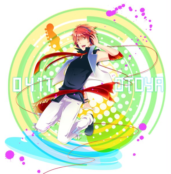 Anime picture 2705x2750 with uta no prince-sama a-1 pictures ittoki otoya tsukikoi single tall image looking at viewer highres short hair open mouth red eyes bent knee (knees) red hair sleeveless jumping hand on headphones boy necktie bracelet headphones