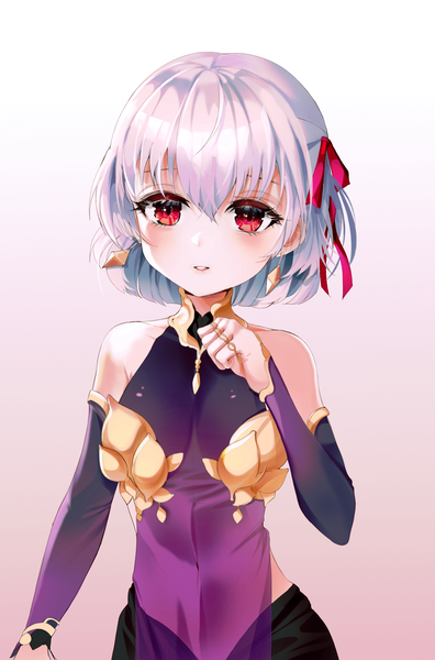 Anime picture 1151x1740 with fate (series) fate/grand order kama (fate) buri (retty9349) single tall image looking at viewer blush fringe short hair breasts light erotic simple background red eyes standing bare shoulders silver hair upper body parted lips gradient background