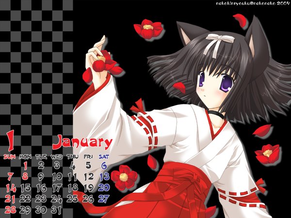 Anime picture 1600x1200 with nekoneko highres black hair purple eyes animal ears japanese clothes cat ears miko 2007 calendar