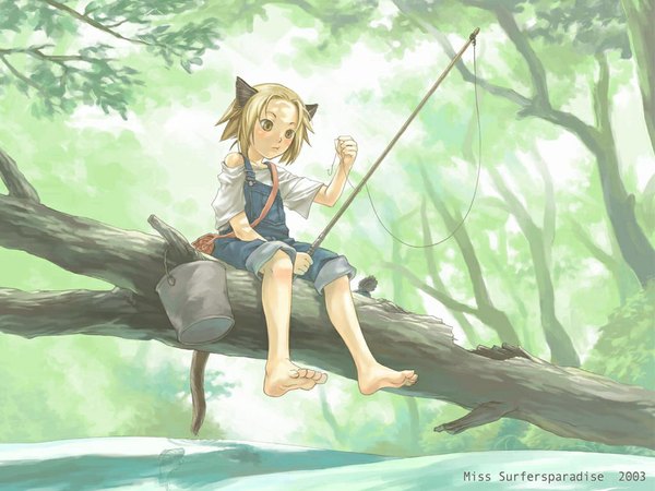Anime picture 1024x768 with miss surfersparadise short hair blonde hair animal ears yellow eyes outdoors tail barefoot cat ears cat girl cat tail wallpaper soles nature tree sitting fishing girl plant (plants) tree (trees) toes