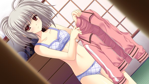 Anime picture 1280x720 with world wide love! (game) kona nako nishimata aoi short hair light erotic red eyes wide image game cg silver hair grey hair underwear only girl navel underwear panties