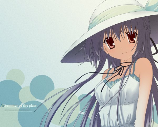 Anime picture 1280x1024 with nanao naru single long hair looking at viewer fringe smile hair between eyes bare shoulders brown eyes silver hair upper body head tilt wind girl dress ribbon (ribbons) hat sundress