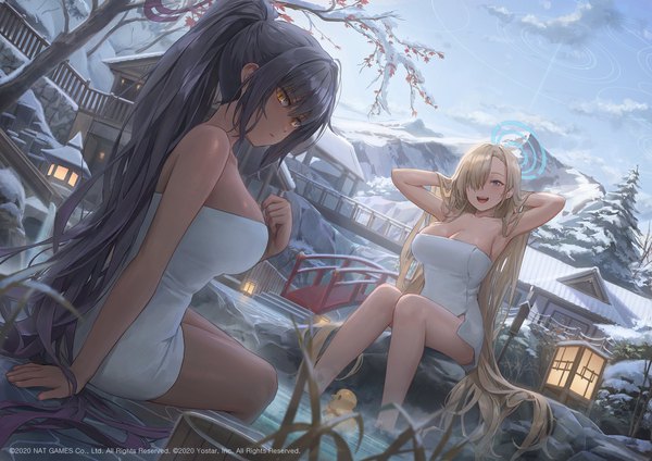 Anime picture 2451x1733 with blue archive asuna (blue archive) karin (blue archive) free style (yohan1754) looking at viewer fringe highres breasts open mouth blue eyes light erotic black hair blonde hair smile large breasts sitting multiple girls signed yellow eyes sky