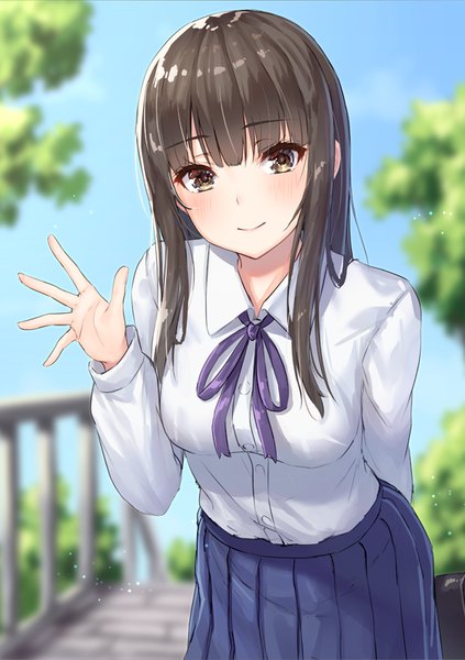 Anime picture 565x800 with original pensuke single long hair tall image looking at viewer blush fringe smile brown hair standing brown eyes sky outdoors blunt bangs pleated skirt leaning depth of field leaning forward waving