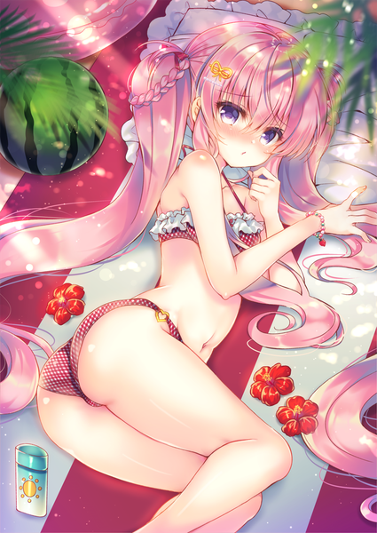 Anime picture 878x1239 with original lilia chocolanne suzunone rena single long hair tall image looking at viewer blush fringe breasts light erotic hair between eyes purple eyes twintails bare shoulders payot pink hair outdoors ass lying