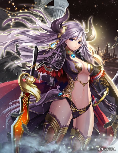 Anime picture 640x832 with original nukuhito single long hair tall image breasts light erotic purple eyes purple hair horn (horns) inscription glowing girl thighhighs navel weapon sword choker armor feather (feathers)