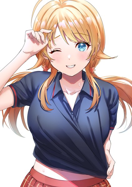 Anime picture 1158x1637 with idolmaster idolmaster shiny colors hachimiya meguru 8n0 g single long hair tall image looking at viewer blush blue eyes simple background blonde hair smile white background twintails upper body ahoge arm up sweat grin