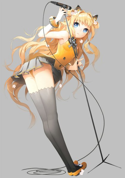 Anime picture 600x856 with vocaloid seeu salt (salty) single tall image blush fringe blue eyes light erotic simple background blonde hair bare shoulders animal ears looking away very long hair hair flower grey background leaning pantyshot leaning forward