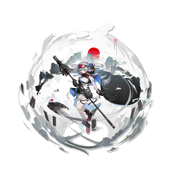 Anime picture 2048x2048 with arknights mulberry (arknights) jacknife single long hair looking at viewer fringe highres hair between eyes silver hair full body black eyes official art mountain transparent background goggles on head elite ii (arknights) girl gloves animal