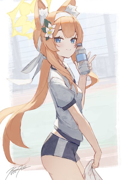 Anime picture 846x1159 with blue archive mari (blue archive) mari (gym uniform) (blue archive) punished pigeon single long hair tall image blue eyes light erotic smile animal ears hair flower orange hair puffy sleeves official alternate costume border victory low ponytail outside border girl