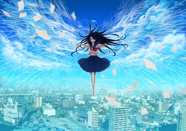 Anime picture 1754x1240 with original ueda takashi (artist) single long hair highres black hair red eyes sky cloud (clouds) barefoot city girl wings serafuku