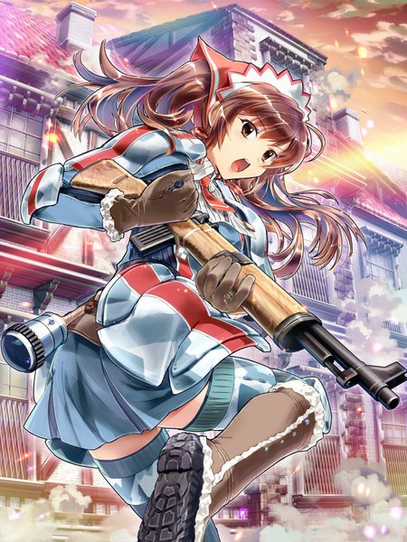 Anime picture 826x1100 with valkyria chronicles alicia melchiott ein (long cake) single long hair tall image looking at viewer fringe open mouth brown hair twintails holding brown eyes payot cloud (clouds) ahoge bent knee (knees) pleated skirt looking back from behind