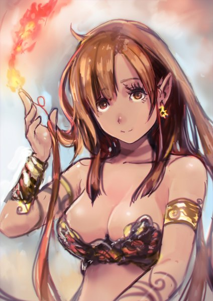 Anime picture 2480x3508 with original okuto single long hair tall image looking at viewer fringe highres breasts light erotic simple background hair between eyes brown hair bare shoulders brown eyes cleavage upper body pointy ears magic girl