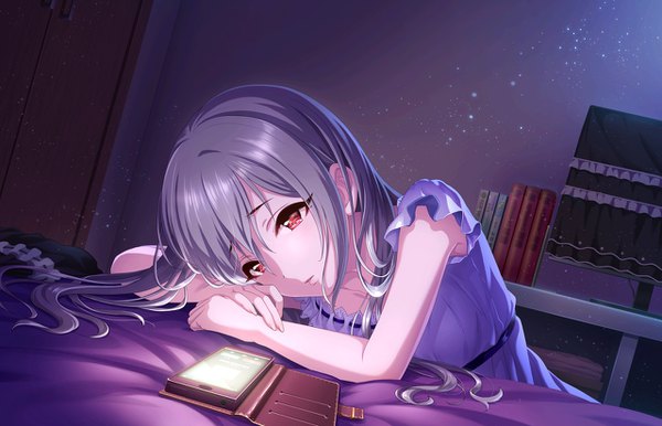Anime picture 1280x824 with idolmaster idolmaster cinderella girls idolmaster cinderella girls starlight stage kanzaki ranko single long hair fringe red eyes grey hair night official art reclining sad girl dress book (books) bed mobile phone smartphone purple dress