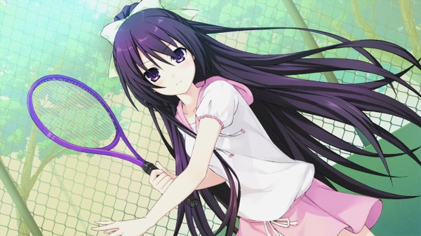 Anime picture 1280x720 with date a live yatogami tooka long hair blush wide image purple eyes game cg purple hair ponytail girl uniform bow hair bow gym uniform tennis uniform tennis racket