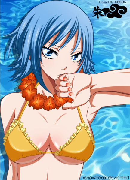 Anime picture 900x1249 with fairy tail juvia lockser xsnowcoolx single tall image short hair breasts blue eyes light erotic large breasts blue hair nail polish armpit (armpits) coloring finger to mouth girl flower (flowers) water lingerie bikini top