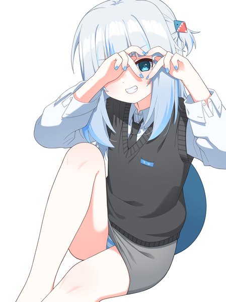 Anime picture 2151x2876 with virtual youtuber hololive hololive english gawr gura ugaaaa1 single long hair tall image looking at viewer fringe highres light erotic simple background smile white background sitting silver hair bent knee (knees) tail blunt bangs