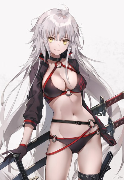 Anime-Bild 700x1008 mit fate (series) fate/grand order jeanne d'arc (fate) (all) jeanne d'arc alter (fate) jeanne d'arc alter (swimsuit berserker) (fate) emyo single long hair tall image looking at viewer fringe breasts light erotic simple background smile hair between eyes standing white background signed yellow eyes