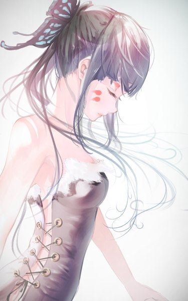 Anime picture 900x1440 with original smile (qd4nsvik) single long hair tall image breasts black hair simple background bare shoulders eyes closed head tilt profile light smile lips face paint girl hair ornament hairclip insect butterfly