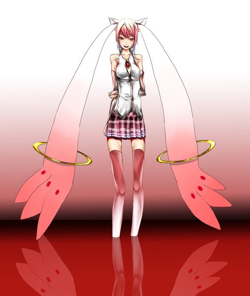 Anime picture 1500x1772 with mahou shoujo madoka magica shaft (studio) kyuubee litlicha (pixiv) single tall image short hair open mouth smile red eyes bare shoulders animal ears pink hair reflection personification girl thighhighs detached sleeves miniskirt blood