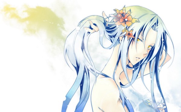 Anime picture 1841x1150 with legend of the legendary heroes zexcs sion astal single long hair looking at viewer highres simple background wide image white background bare shoulders yellow eyes blue hair sky cloud (clouds) hair flower face boy hair ornament flower (flowers)